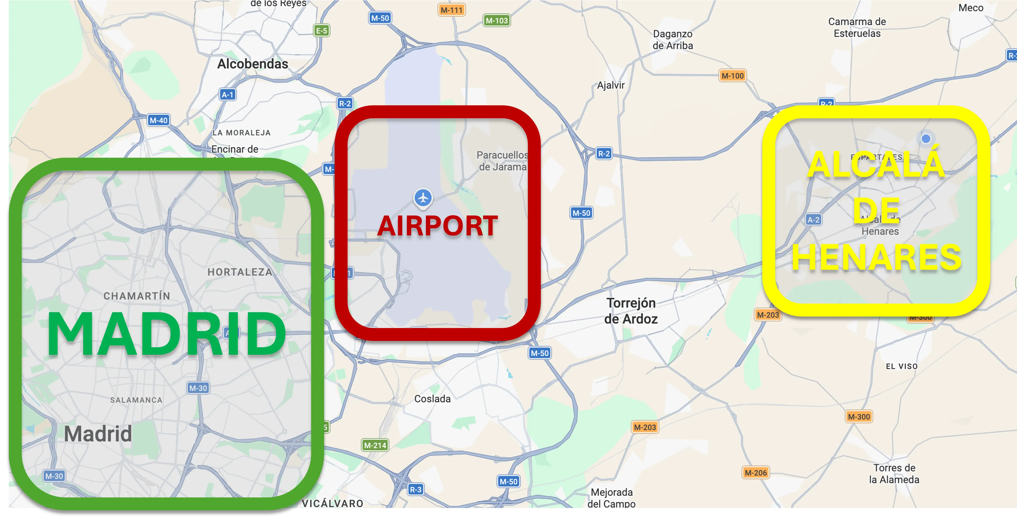 Map of Madrid, Airport and Alcala de Henares